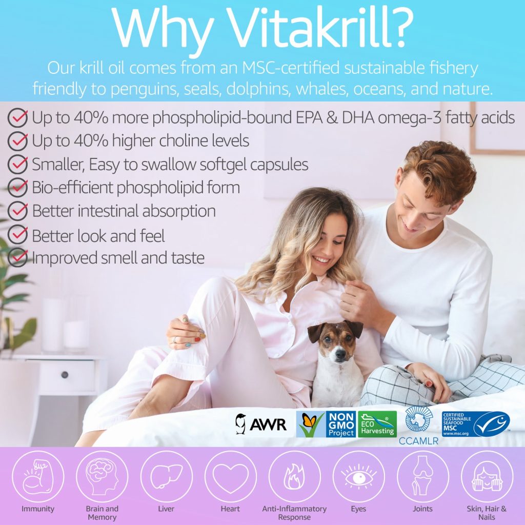 Why Vitakrill krill oil?
Our krill oil comes from MSC-certified sustainable fishery, friendly to penguins, seals, dolphins, whales, ocenas, and nature. 
Up to 40$ more phospholipid-bound EPA & DHA Omega-3 fatty acids, 
Up to 40% higher choline levels, 
Smaller, easy to swallow softgel capsules with vanilla taste, 
Bio-efficient phospholipid form, 
Better intestinal absorption