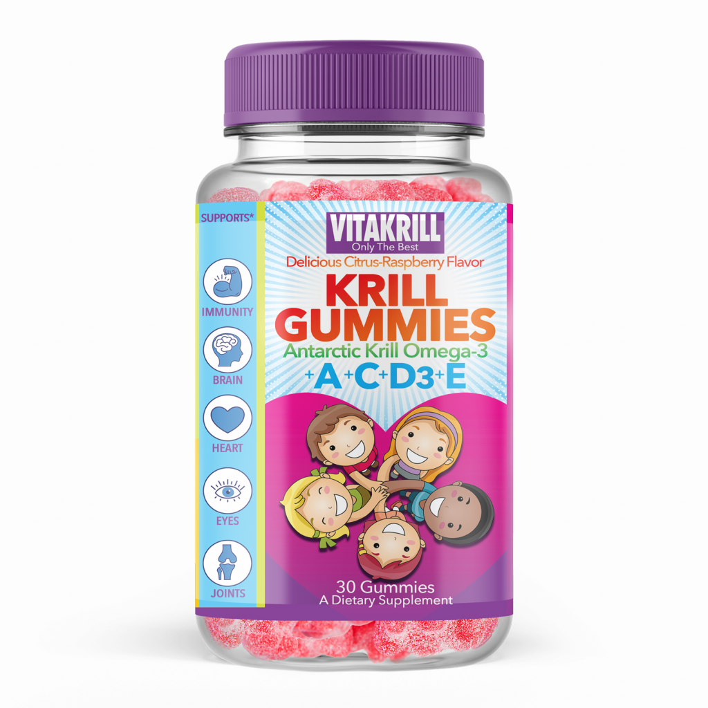 VITAKRILL Vitamin Gummies: Krill Oil Omega-3 with Vitamin D3, A, C and E, a bottle with 30 gummy bears